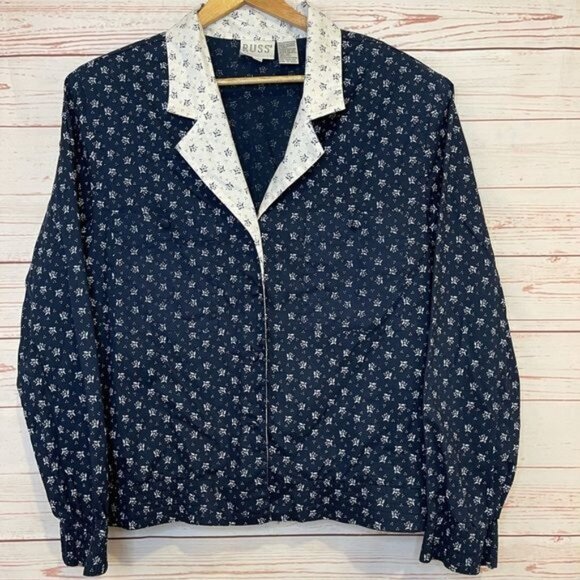 Vtg 80s Russ Blue Floral Button Down Collared Blouse Sz 14 - Picture 1 of 4